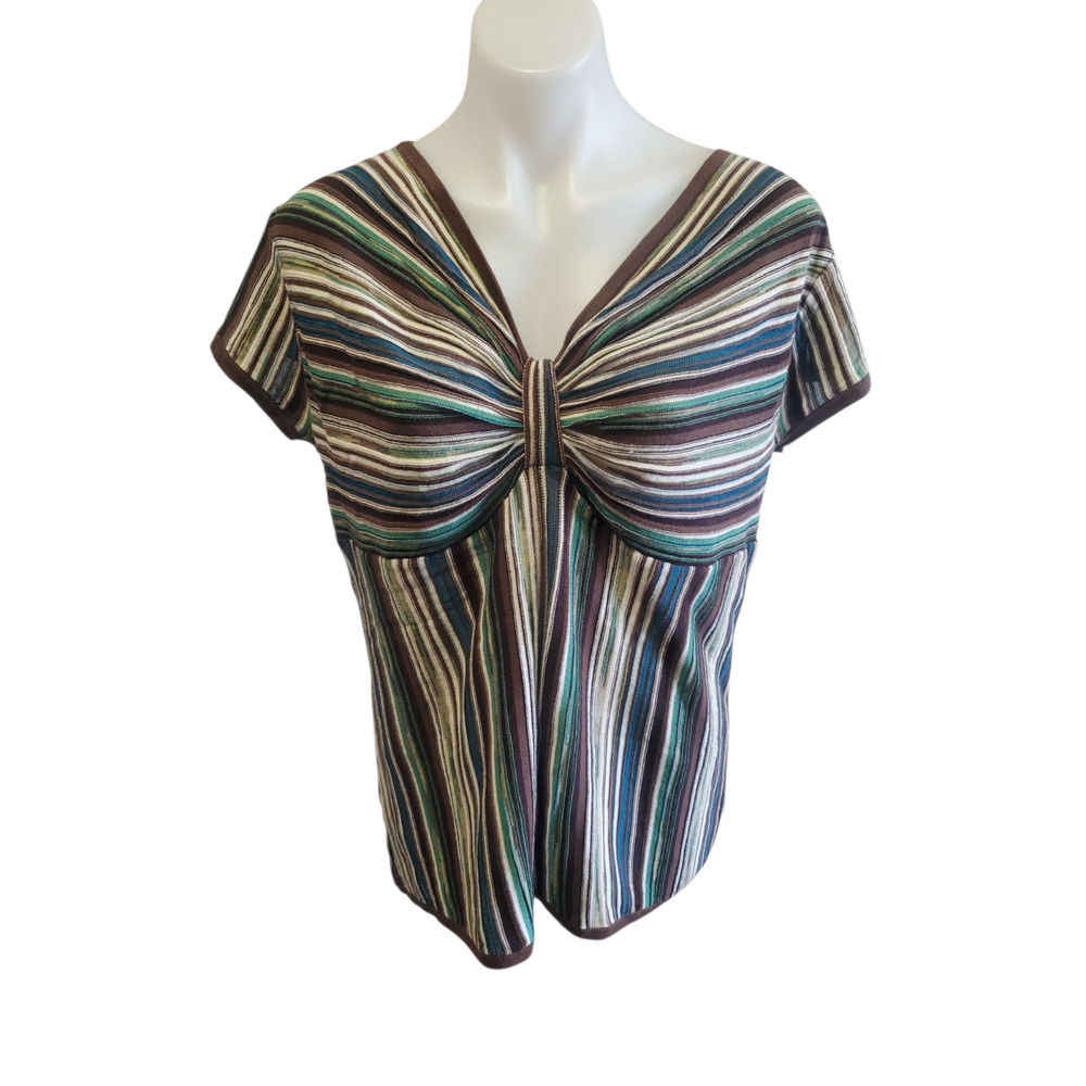 Akcess Y2K Knit Sweater Top Large Brown Green Stripe Front Twist Retro Stretch